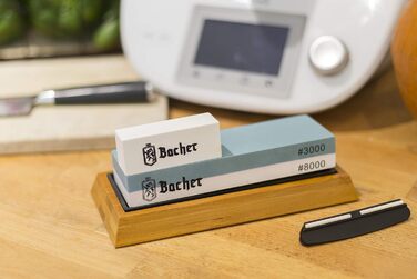 Преміум точильний камінь Bacher. Двосторонній, зернистість 400/1000. Точильний камінь для ножів з антиковзним бамбуковим блоком, для заточування ножів, з інструкцією. Зернистість 400/1000 (3000/8000)