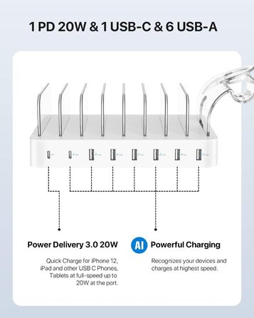 SooPii Зарядна станція USB-C 8 портів з PD 20W, кабель USB 8 шт., тримач для Apple Watch та AirPods - Біла