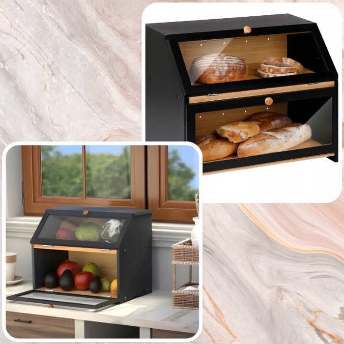 Дерев'яний хлібниця чорна, великий бамбуковий контейнер для хліба та випічки, 39x32x25 см