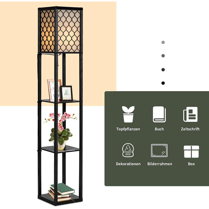 Стельова лампа RELAX4LIFE з 3 полицями, 26 x 26 x 160 см, чорна (Модель 2)