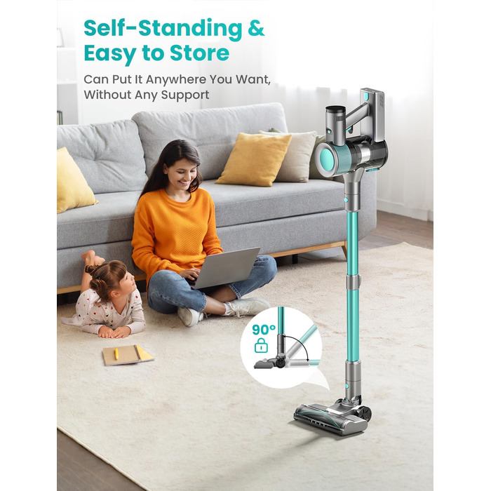 Бездротовий пилосос Dzaki 45000Pa з дисплеєм, антизаплутувальною насадкою та тривалою роботою для твердих поверхонь, килимів та шерсті тварин (блакитний)