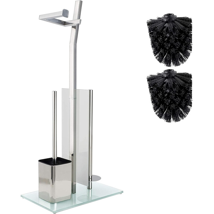 Набір для ванної кімнати з тримачем для туалетного паперу – Хромований, без свердління, з нержавіючої сталі, скляний підстав, 32x20x70 см, проста установка, 1 та 2 щітки, срібний