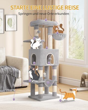 Двоповерховий комплекс для котів з 5 стовпчиками для шліфування, платформами, будиночком, помпонами, сірий (149см)