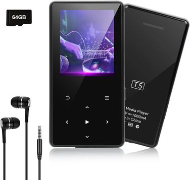MP3-плеєр 128GB з Bluetooth, портативний музичний плеєр з динаміком, 2.4' Full Touch Screen, HiFi звук, FM радіо, записувач, навушники в комплекті, для спорту