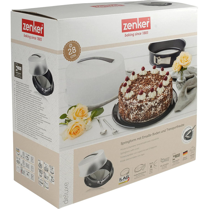 Zenker Springform with Transport Lid Ø 28 cm DELUXE, baking pan with enameled flat base and carrying lid, round cake pan for juicy cake to go (Color: Metallic Black), Quantity: 1 piece
