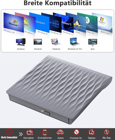 Зовнішній DVD/CD привід DANGZW USB 3.0 Type-C, портативний DVD-брунер та плеєр для ноутбука та ПК, сумісність з Windows, MacOS, Linux (сірий)