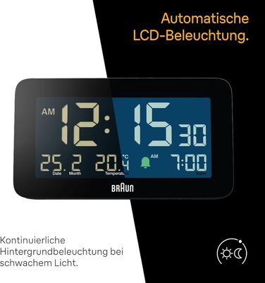 Braun Digital Alarm Clock with Date, Month, and Temperature Display, Negative LCD Display, Quick Set Function, and Gradual Alarm Sound in Black, Model BC10B.