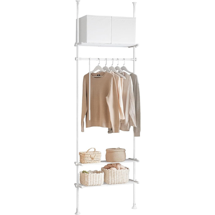 SoBuy KLS07-SCH Telescopic Clothing Rack with 1 Clothes Rail and 3 Shelves Telescopic Wardrobe System Adjustable Clothes Rack B (52-80) x H (233-295) cm (White)