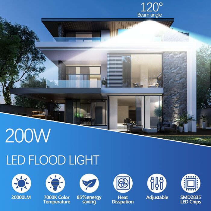 200W LED Floodlight Outdoor, 20000LM LED Spotlight, 7000K Cool White Spotlight, IP67 Waterproof Floodlight, for Backyard, Courtyards, Garage, Hallway, Garden