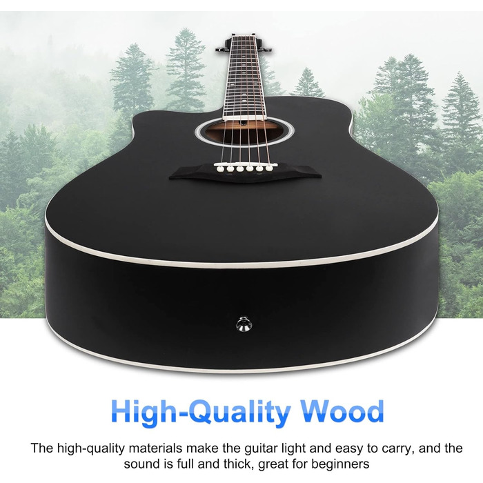 Акустична гітара Vangoa 4/4 для початківців та дорослих, чорна, з каподастром та чохлом