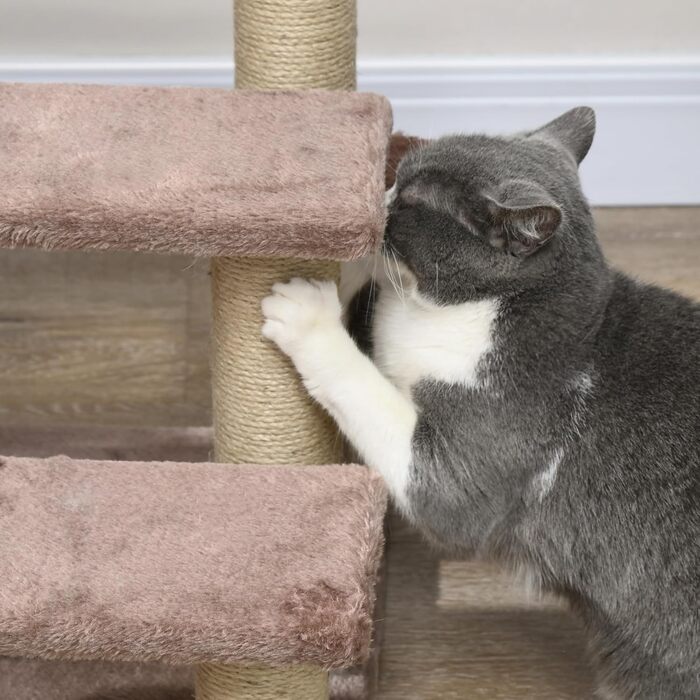 PawHut 3-Step Pet Staircase with Scratching Posts, Ball, Dog Staircase, Pet Staircase for Cats up to 5 kg, Plush Jute, White 45 x 40 x 48 cm (45L x 40W x 48H cm, Brown)
