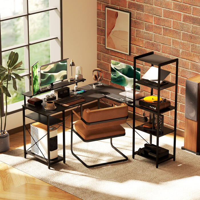 HOMCOM Desk, L-Shaped Computer Desk 137 x 140 x 139.5 cm Corner Desk with 6 Shelves, Office Desk with Monitor Stand, USB, Socket, for Home Office, Office, Black | Aosom