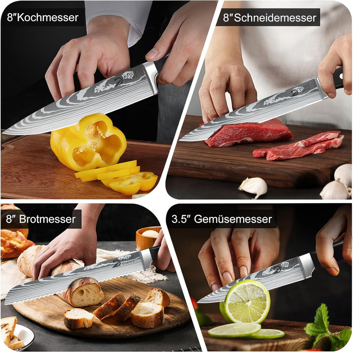 Набір кухонних ножів Dfito, 8 предметів: професійний набір з нержавіючої сталі з високовуглецевої сталі, гострі ножі для кухаря, чорна ручка