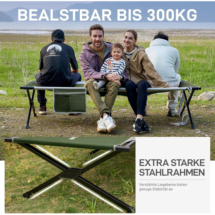 Розкладне ліжко EVER ADVANCED для кемпінгу: велике, стабільне, 214x106 см, до 300 кг, зелене