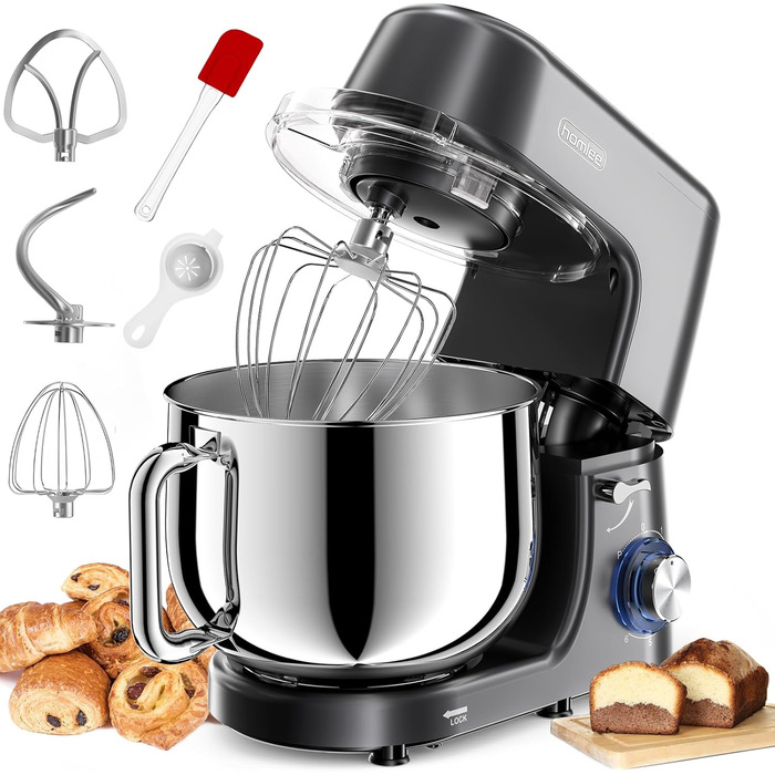 Кухонна машина-міксер 1800W з чашею 7.2L з нержавіючої сталі, 6 швидкостей, низький шум, мультифункціональна (сірий)