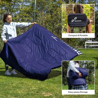 Спальний мішок Outdoor Sportneer для 2 осіб, 3 сезони, 220x150 см, 2.75 кг з 2 подушками (синій)