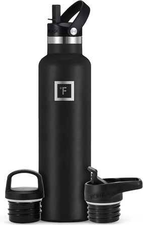Термофляга IRON °FLASK Edelstahl 710 мл, чорна. Металева, двошарова, ізольована, без BPA. З трьома кришками (поїльник, соломинка). Для спорту, школи, фітнесу, кемпінгу.