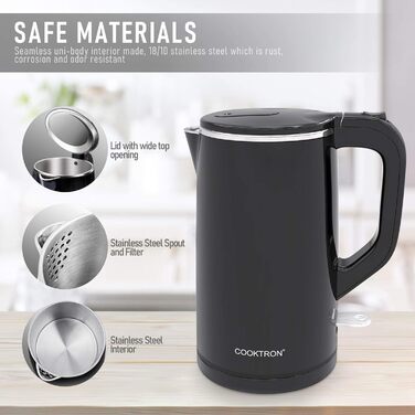 Електричний чайник Cooktron з нержавіючої сталі, 1.7л, тихий (<30дБ), без BPA, Cool Touch, подвійні стінки, швидке нагрівання, чорний