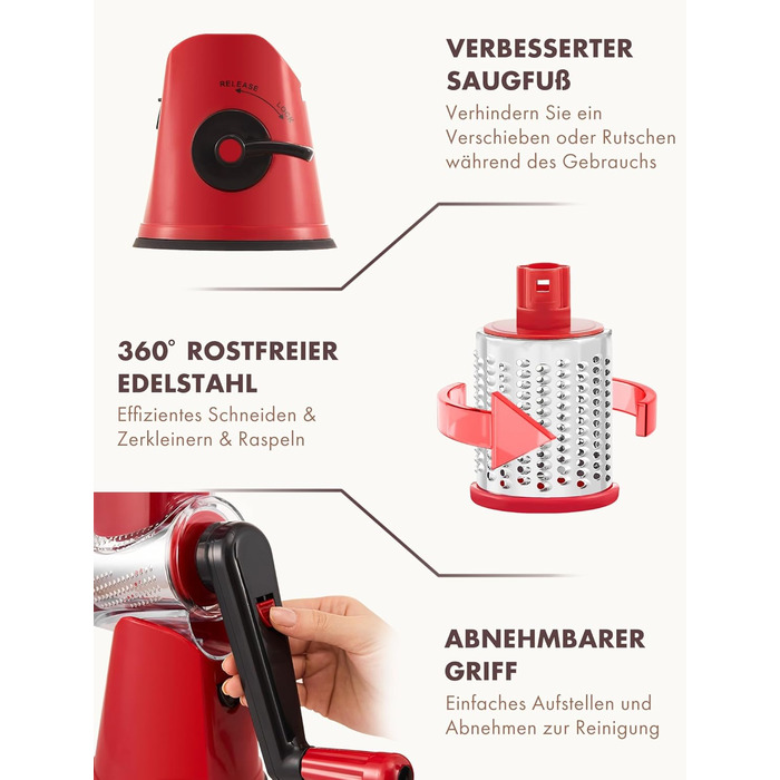 Тертка для сиру GDL з ручкою, оновлена терка для овочів з 5 дисками, терка-нарізач для овочів, зручна та швидка, терка для сиру, морозива, горіхів, огірків, моркви (червона)