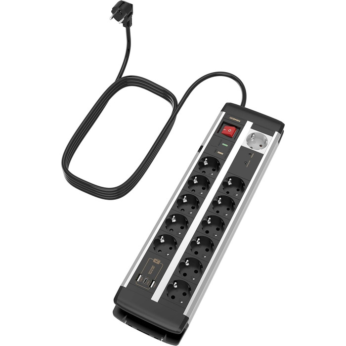 Мережевий фільтр Ucomen 10-фазний з USB та захистом від перенапруги (3680W 16A) для комп'ютерних столів, 10 розеток + 20W USB зарядний пристрій (USB-A та USB-C), кабель 1.5м