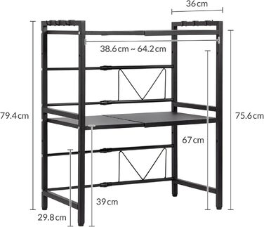 Підставка для мікрохвильової печі Todeco, 3-рівнева, регульована, з 6 гачками, чорна, до 25 кг, 36-60 x 36 x 44 см