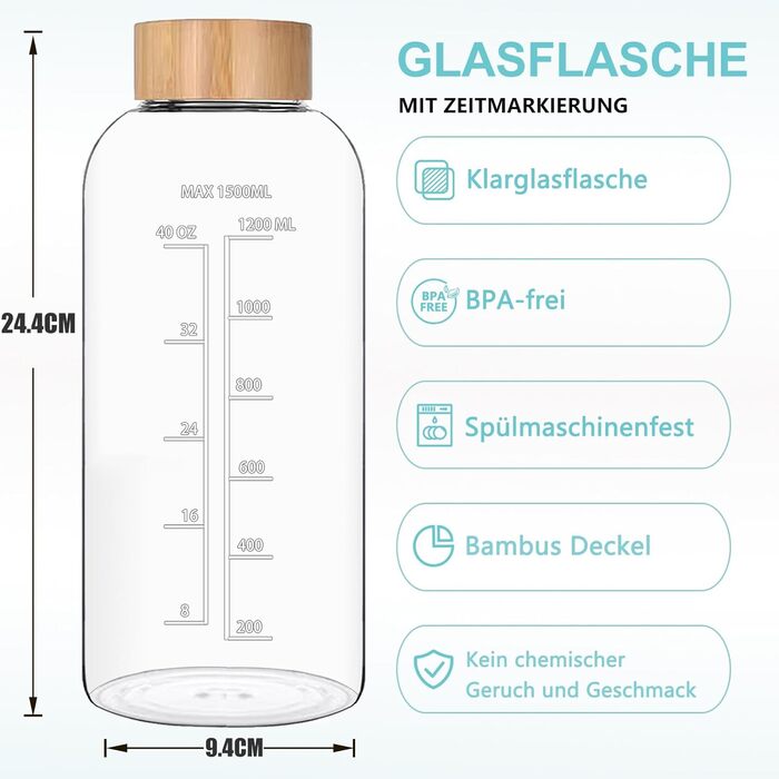 RNCKUUE 2 Liter Glass Bottle, 2l Glass Drinking Bottle, Glass Water Bottle with Filter, Neoprene Sleeve, Bottle Brush (1500 ml, Bamboo Lid)