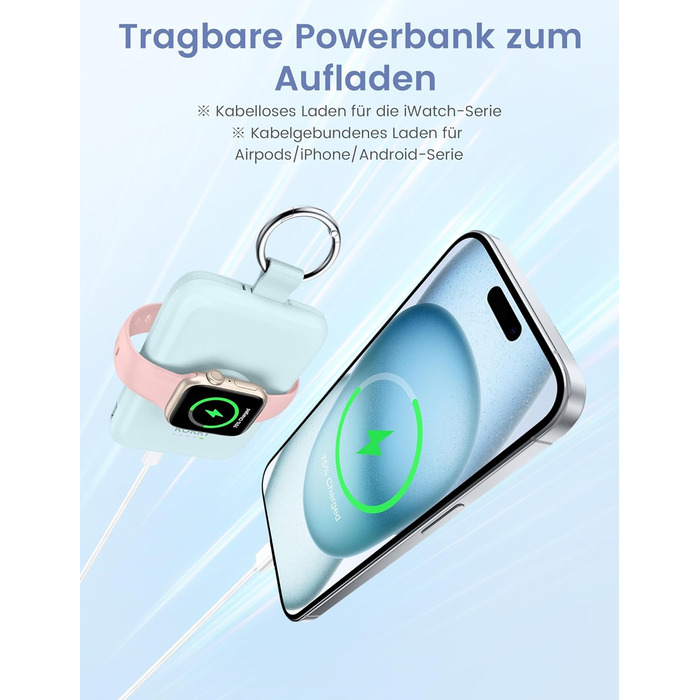 Power Bank RORRY 5000mAh з вбудованими кабелями, брелок для iPhone, Apple Watch, Рожевий