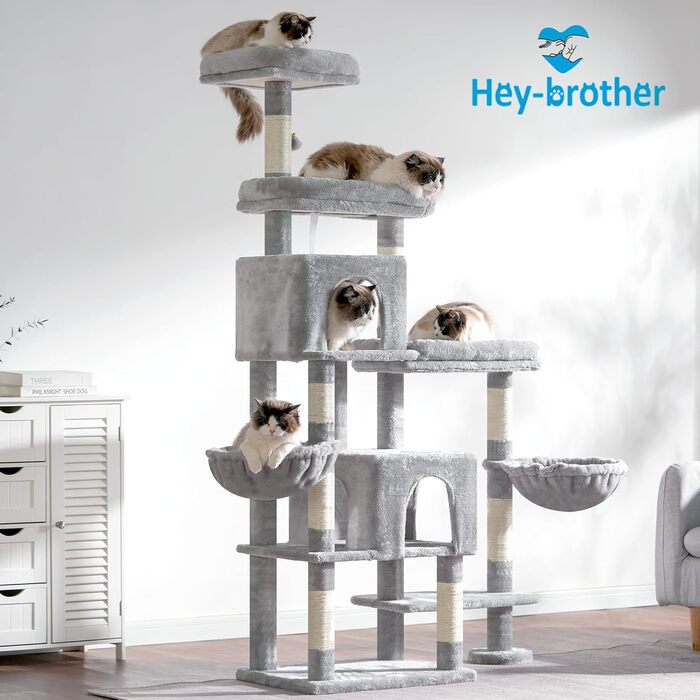 Котячий будиночок Hey-brother XXL для великих котів, 180 см, стабільний, з 3 платформами, 3 гамаками та 2 котячими будиночками (світло-сірий)