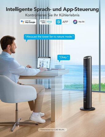 GoveeLife Розумний тихий вентилятор-турбіна, 75° осциляція, керування через додаток та голосовий помічник, швидкість 6.3 м/с, 8 режимів, 5 функцій, таймер на 24 години, з охолодженням