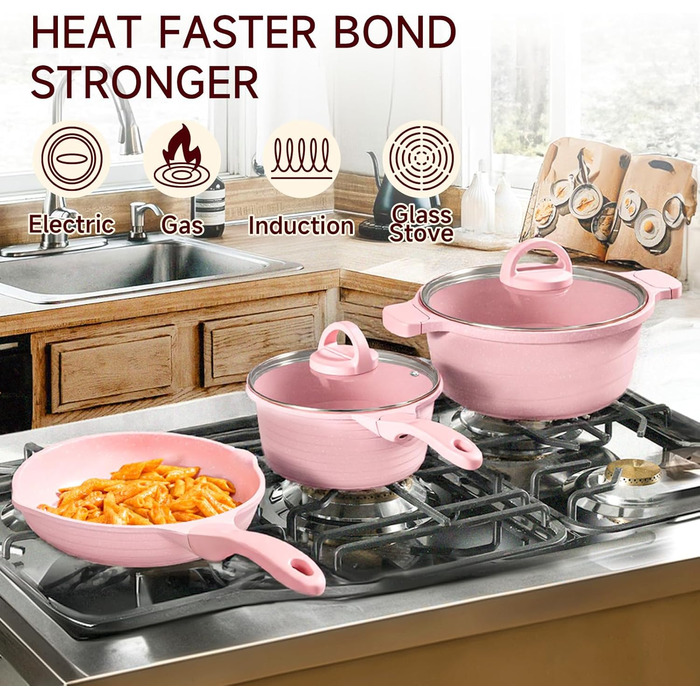 Набір посуду JEETEE 23 шт. з антипригарним гранітним покриттям, для всіх плит (індукція), з кришками, рожевий (ідеально як подарунок на новосілля)