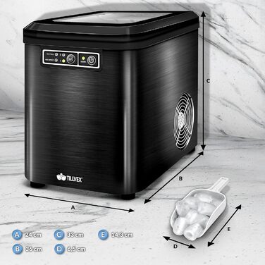 Tillvex Stainless Steel Ice Maker - 12kg Capacity, 24-Hour Production | 2.2L Water Tank, LED Display, Self-Cleaning & 2 Ice Cube Sizes (Black)