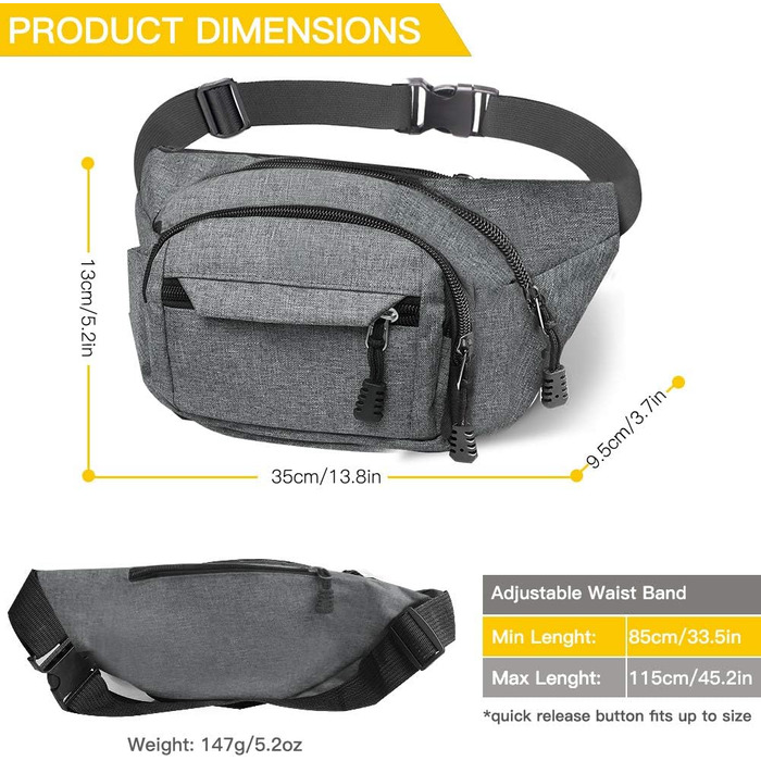 Водонепроникна поясна сумка - поясний ремінь для жінок та чоловіків, підходить для походів, кемпінгу, їзди на велосипеді та подорожей (Сірий Big)