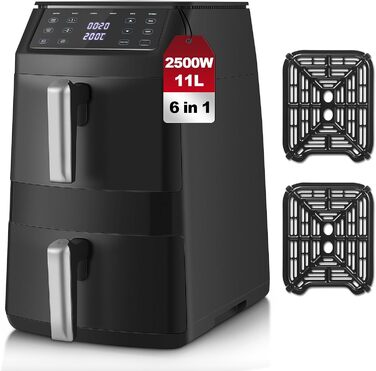 Аерофритюрниця TopStrong Doppelkammer 11л, 2500 Вт, 6 функцій, подвійна камера, з оглядовим вікном, чорна