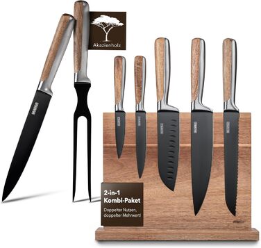 Baumfeld 6-Piece Knife Block Set - Premium Kitchen Knife Set with Acacia Wood Block - Professional Stainless Steel Ceramic Coated Knife Set (Black)