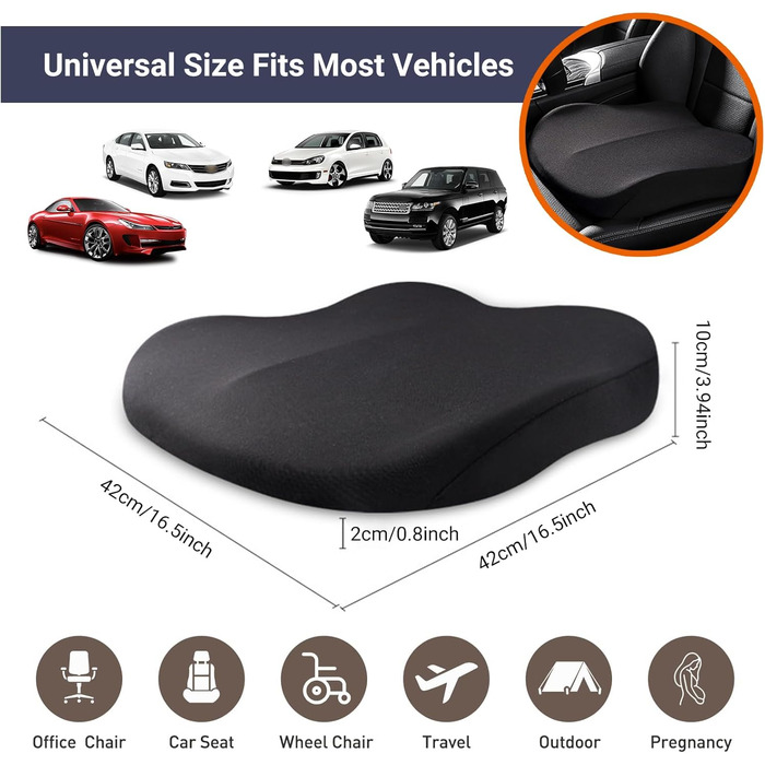 Подушка для сидіння в авто з Memory Foam, ортопедична, чорна. Підвищення сидіння для водія, для офісного крісла, інвалідного візка