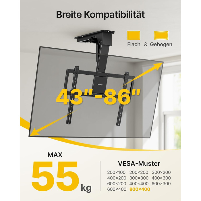 Електричний стельовий кронштейн для ТБ monTEK (43-86 дюймів), до 55 кг, VESA 600x400, з дистанційним керуванням, додатком та голосовим управлінням, складаний