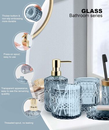 Набір аксесуарів для ванної кімнати Qivine 5 шт., блакитний: стакан для зубної пасти, дозатор мила, контейнер для ватних паличок. Сучасний набір скляних аксесуарів для ванної кімнати