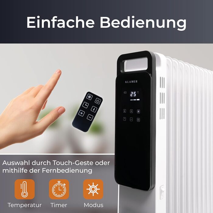 KLAMER Oil Radiator 2500 W, Electric Heater, Energy-Saving, 13 Fins, 3 Heating Levels with Eco Mode, 24h Timer, Thermostat, Overheat & Tip-Over Protection, with Remote Control, for Indoor Use, White/Weiss