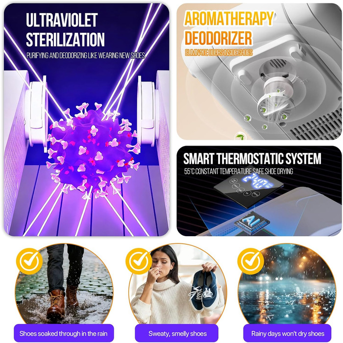 Електрична сушарка для взуття RoserRose 360° з гарячим повітрям та підтримкою температури 48°C для черевиків, лижних чобіт та кросівок