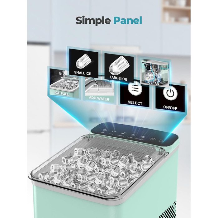 Портативна машина для льоду FOHERE – самоочисна, 14 кг/24 год, 2 розміри, компактний дизайн, 1 кнопка, інтелектуальні попередження, з лопаткою та кошиком для дому/бару/офісу/кемпінгу (зелена)