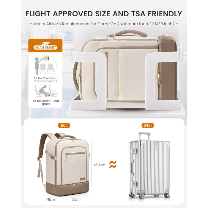 LOVEVOOK Рюкзак для ручної поклажі 40L з окремим відділенням для взуття, рюкзак-валіза для подорожей, жіночий, з відділенням для мокрого та сухого, 3 шт. (Бежевий, Хакі)