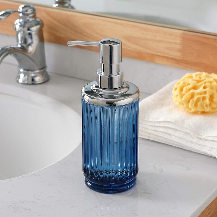 4-Piece Glass Bathroom Accessories Set with Decorative Embossed Pattern, including Hand Soap Dispenser, Cup, Soap Dish, and Toothbrush Holder, Blue-Green (Blue)