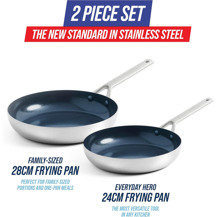 Набір сковорідок Blue Diamond Triple Steel, 2 шт, 24 і 26 см, багатошарові, з діамантовим керамічним антипригарним покриттям, нержавіюча сталь, PFAS-вільні, для індукції, посудомийної машини та духовки, сріблясті