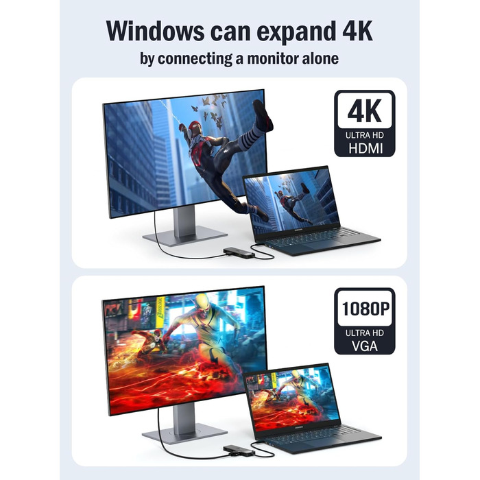 Док-станція Lemorele USB C з хабом 11 в 1: 2*HDMI (4K), 3*USB 3.0/2.0, VGA, PD 100W, SD/TF, для Windows, MacBook, Dell, HP, Lenovo, Surface