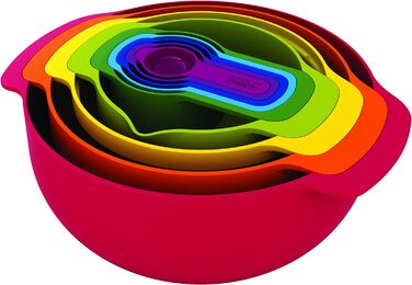 Joseph Joseph Nest 9 Plus, 9-Piece Compact Food Preparation Set with Colander and Mixing Bowls, Space-Saving - Red, 28.5 x 28.5 x 14.5 cm