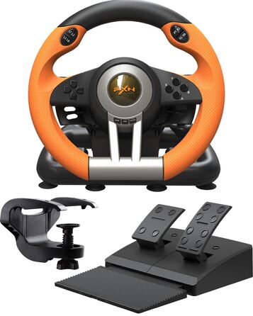 PXN V3 Pro - Геймерське кермо з педалями, 180°, вібрація, перемикач передач, paddle shift, для PC, PS4, PS3, Xbox, N Switch (Orange)