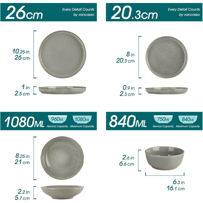 Набір посуду Steingut vancasso ANYA (48 предметів) - 6 осіб, сучасний сервіз з тарілок, десертних тарілок та мисок, коричневий. Підходить для миття в посудомийній машині та використання в мікрохвильовій печі.