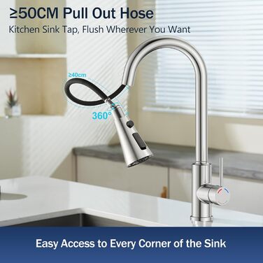 Кухонний змішувач SREWOHS PRO з висувним виливом, 360° обертання, 4 режими розпилення, однорідний, високий вилив, ABS-насадка для кухонної мийки, проста установка (сучасний дизайн)