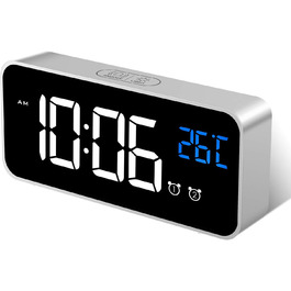Цифровий годинник MOSUO з LED-дисплеєм, USB-зарядка, показник температури, голосове керування, 2 будильники, регулювання яскравості та гучності, срібний
