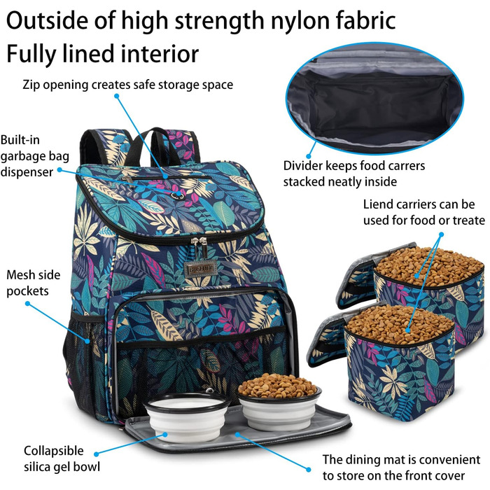 BAGLHER Сумка-переноска для собак, відповідна вимогам авіаперевезень, рюкзак для собак з 2 скласними мисками та 2 контейнерами для корму (Hawaii-A, Classic)